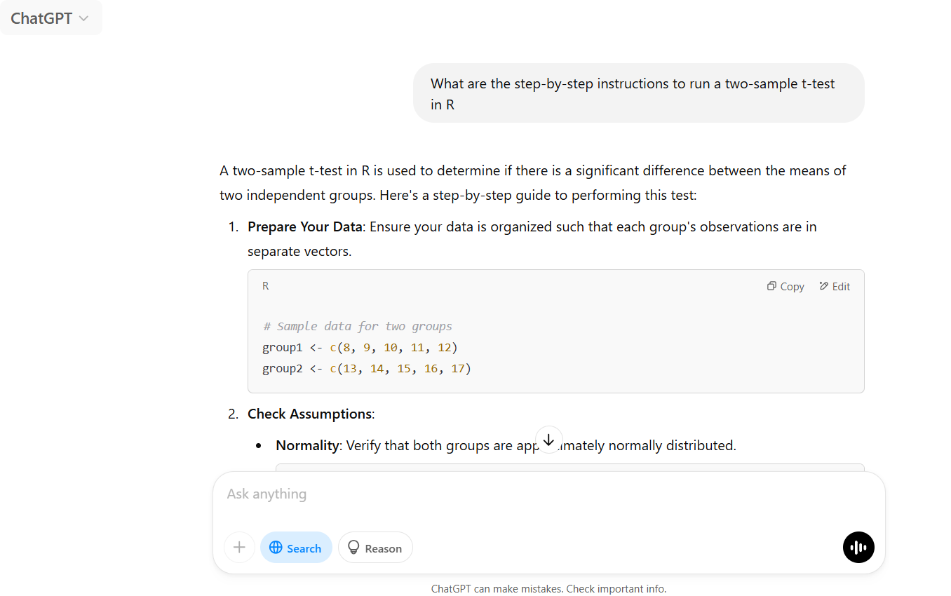 start of steps to run a t-test