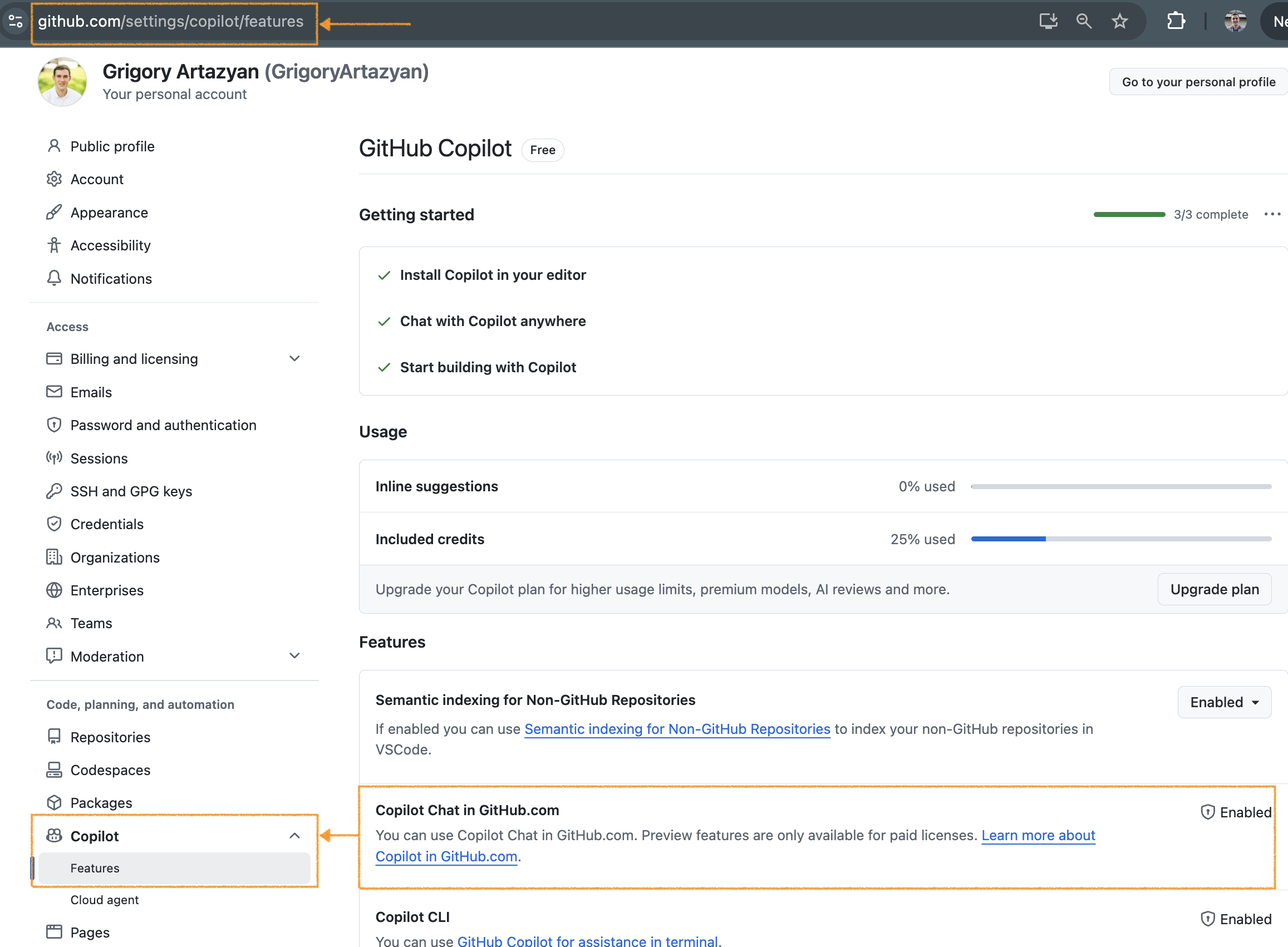 GitHub Copilot activation and settings screenshot
