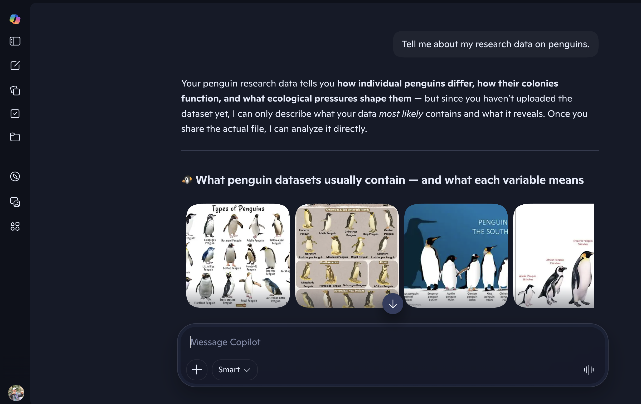 Copilot chat responding to the vague prompt "Tell me about my research data on penguins" with a generic answer
