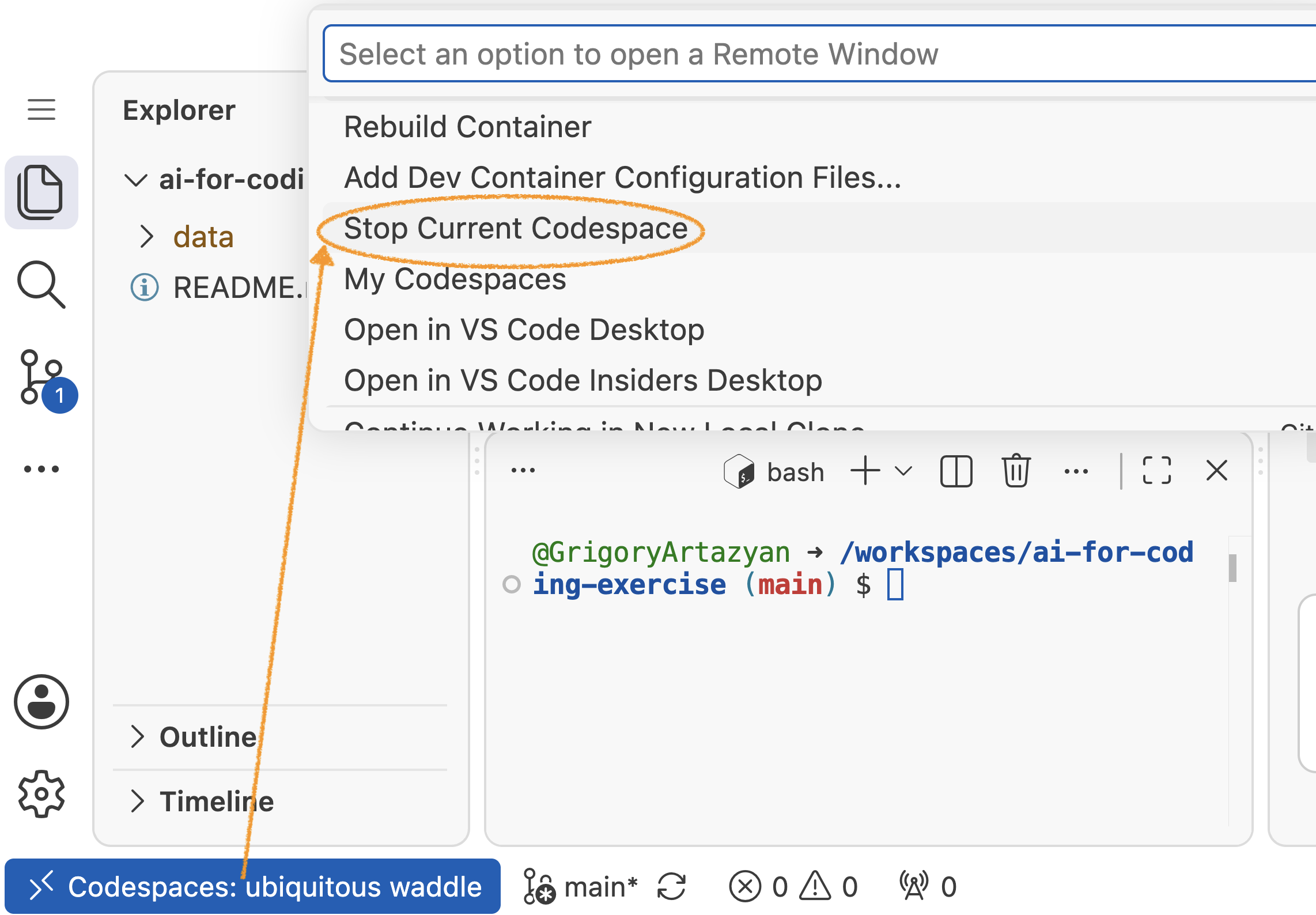 Codespaces label dropdown with the Stop Current Codespace option highlighted
