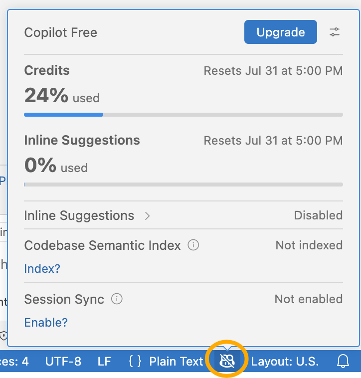 Copilot usage panel showing remaining credits and reset date