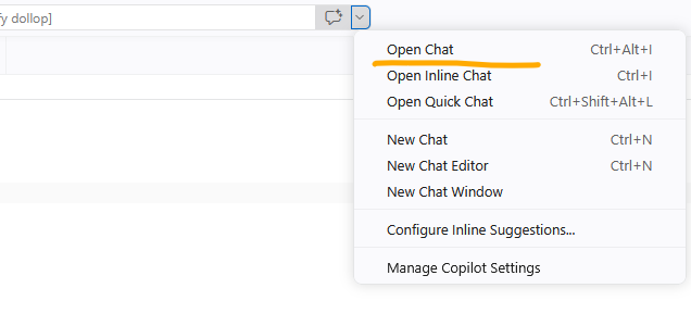 Command bar dropdown menu with the Open Chat option highlighted