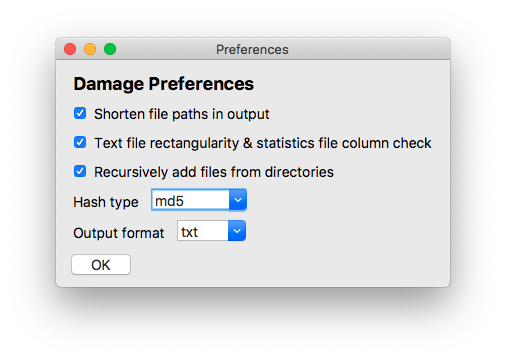 Damage preferences window