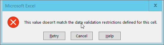 Image of error message for inputing invalid data in Excel