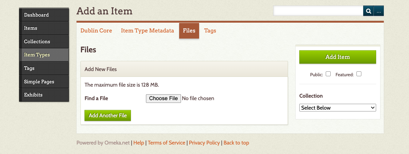 Omeka add item file