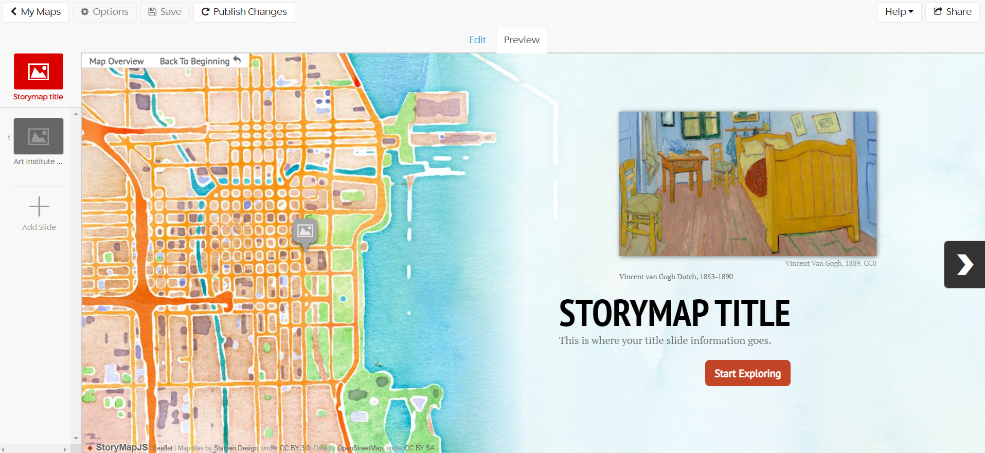 StoryMap title slide preview screen