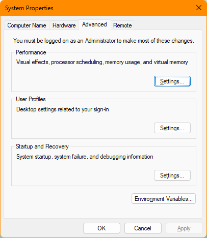 System Properties select environment variables