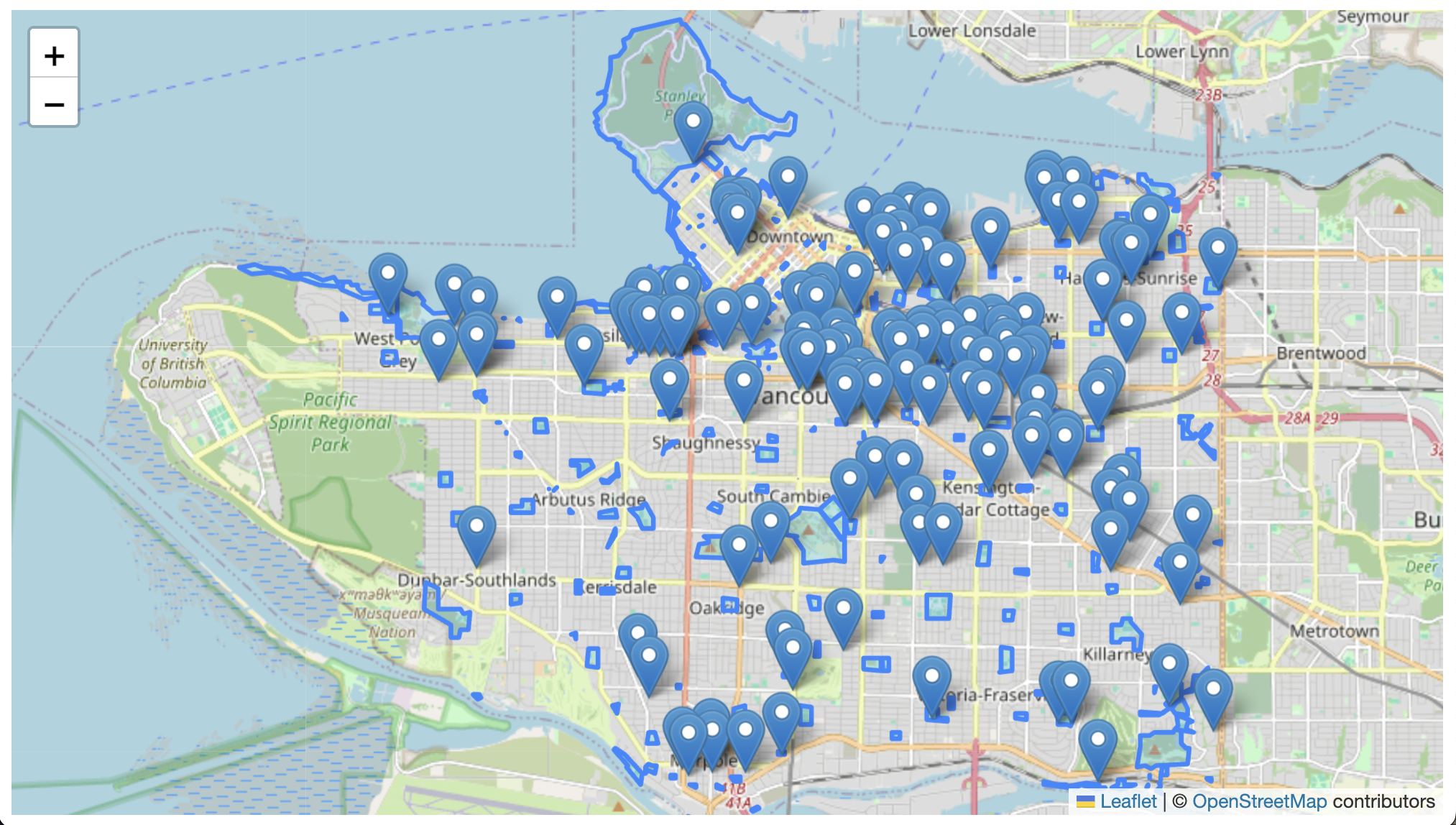 Map loads with community gardens and parks layers