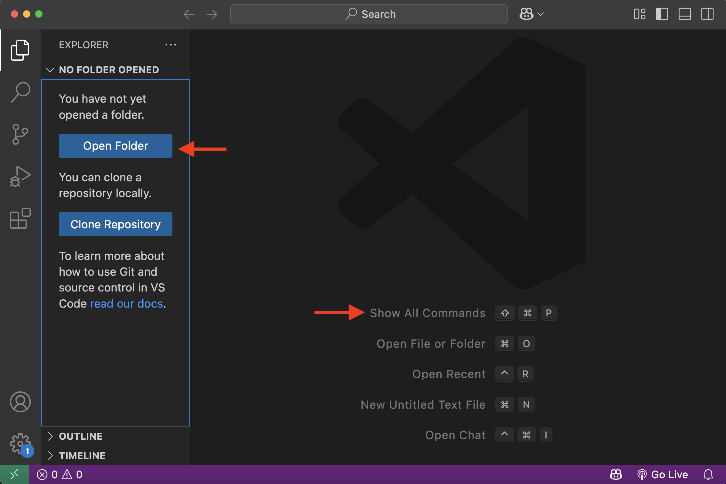 opening folder in vs code