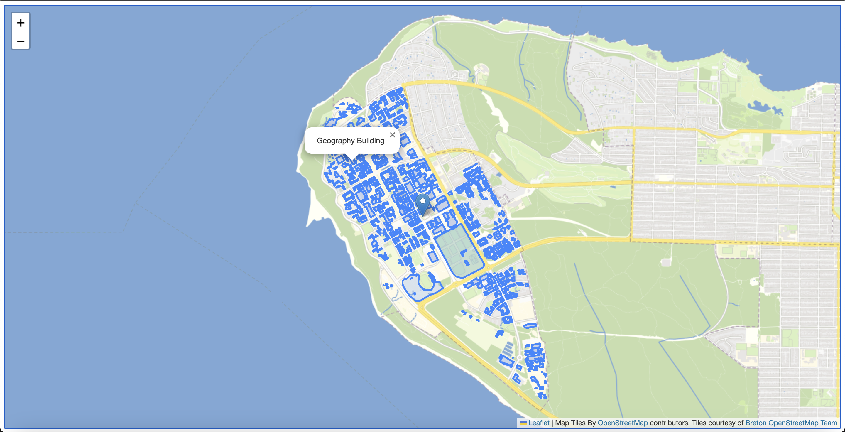 Map loads over the center of UBC with a marker, a data layer, a custom base map, and popup for the data layer!