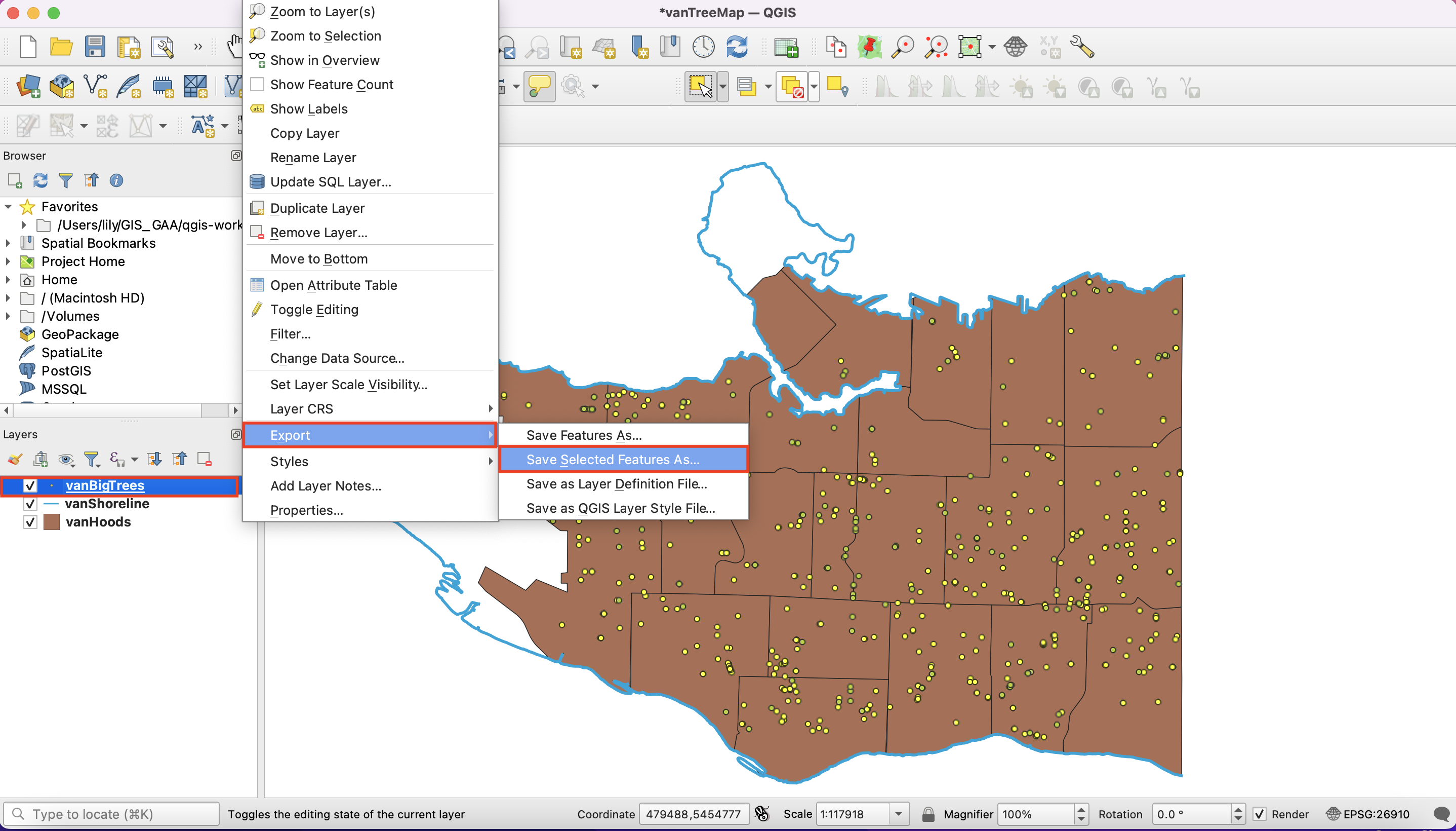 vanBigTrees Save selected features as