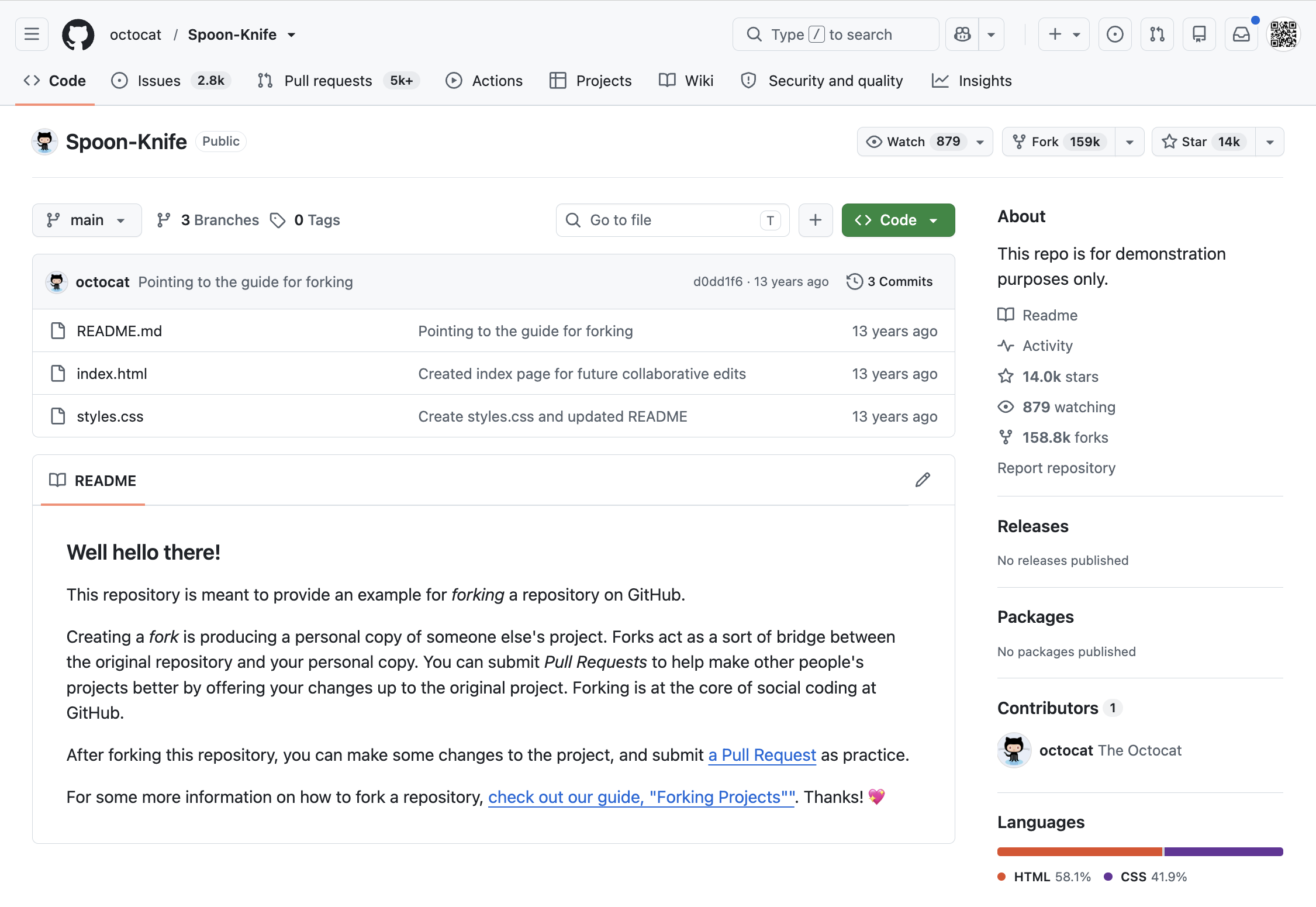 The octocat/Spoon-Knife repository on GitHub