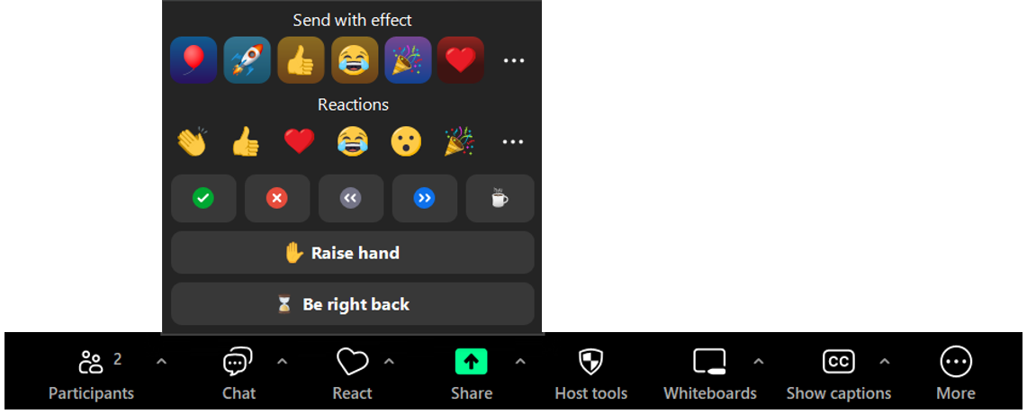 Reactions menu